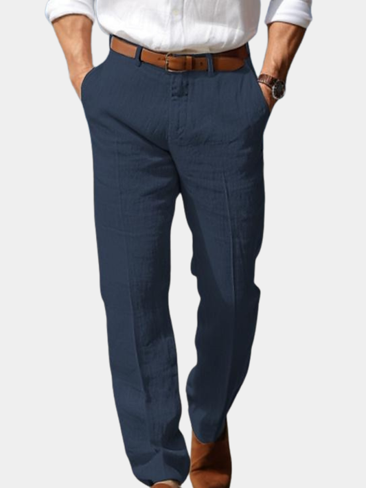 Man wearing navy blue linen-look straight-leg pants