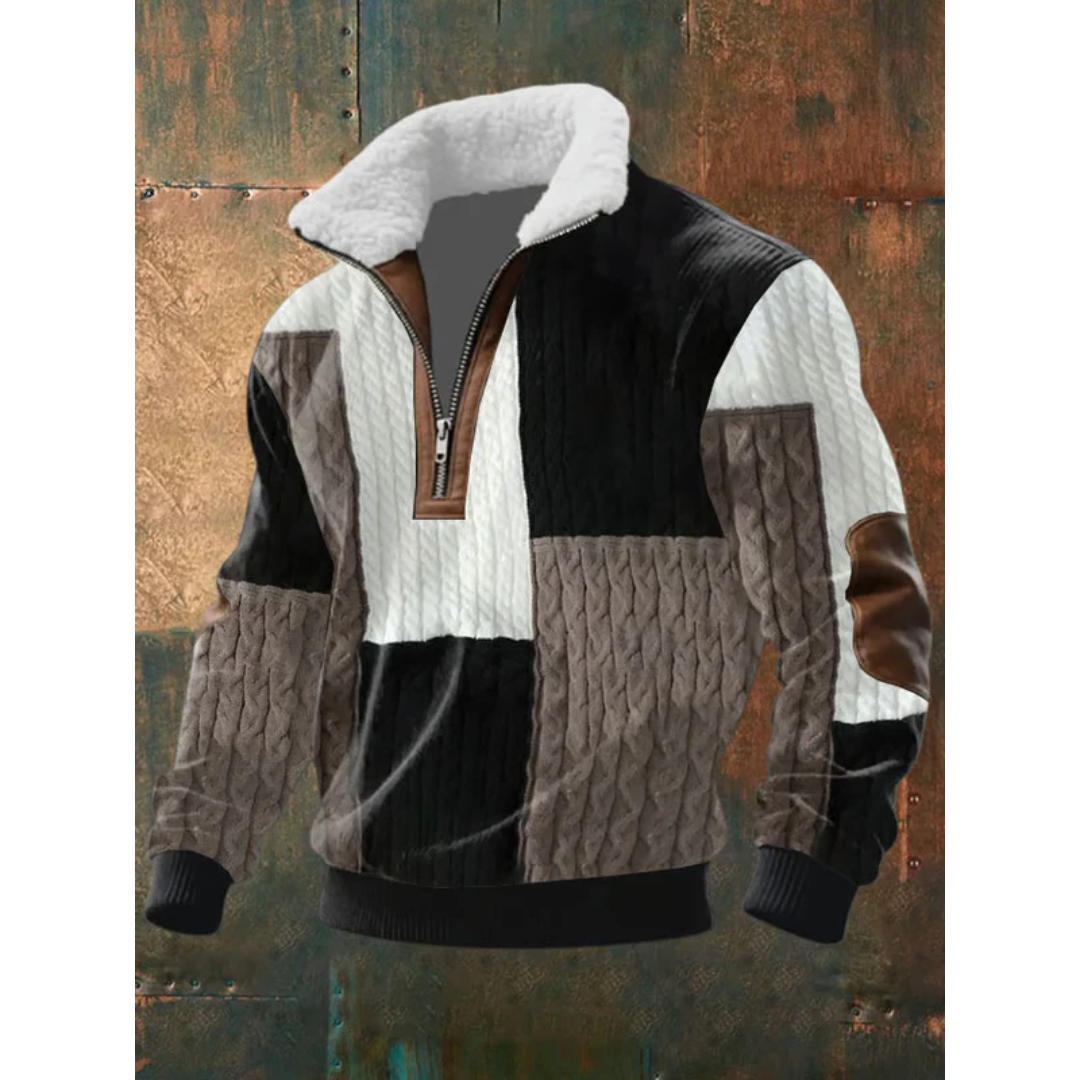 Black and gray patchwork sherpa-collar half-zip sweater