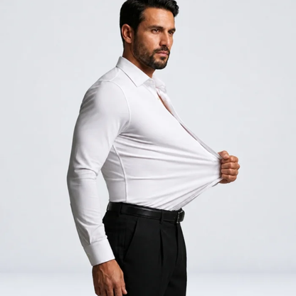 White slim-fit stretch dress shirt being stretched at the front