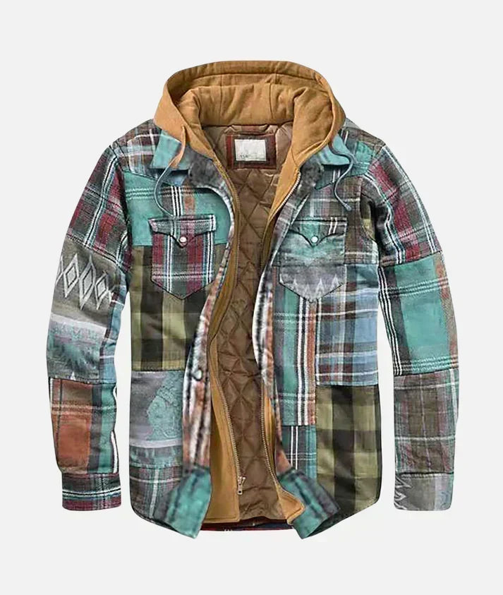 Mint green patchwork quilt-lined hooded plaid shirt jacket