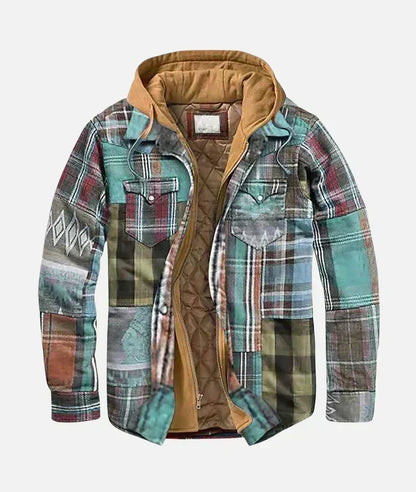Mint green patchwork quilt-lined hooded plaid shirt jacket
