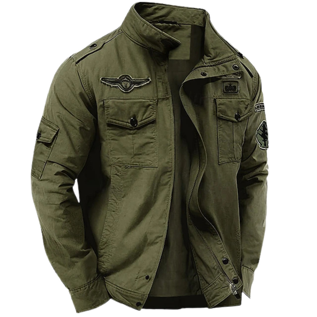 Green military jacket with stand collar, epaulets and embroidered patches, front view