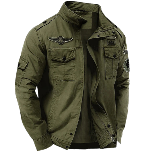 Green military jacket with stand collar, epaulets and embroidered patches, front view