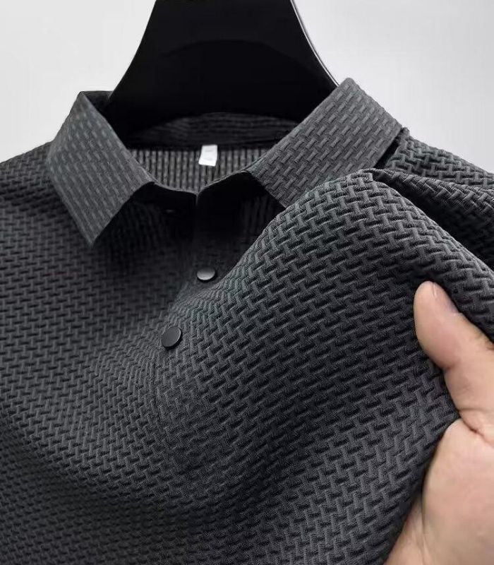 Gray basketweave knit polo shirt, close-up