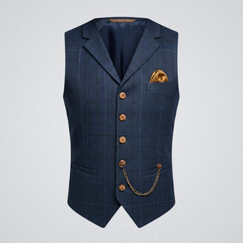 Navy check notch-lapel vest, front view