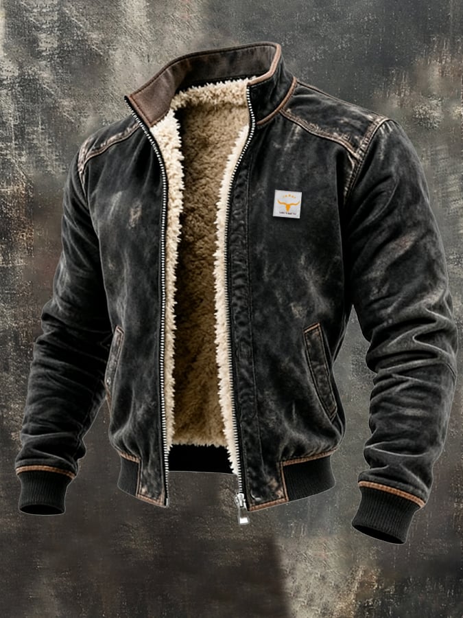 Black sherpa-lined distressed bomber jacket