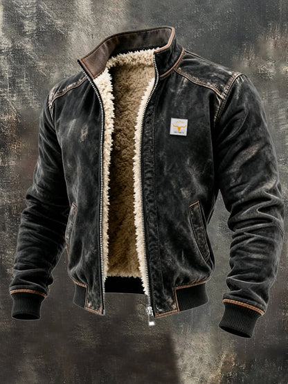 Black sherpa-lined distressed bomber jacket