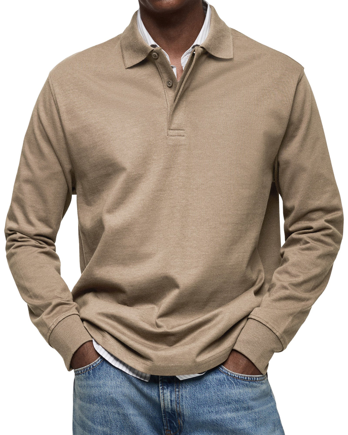 Khaki heathered long-sleeve polo shirt worn with jeans