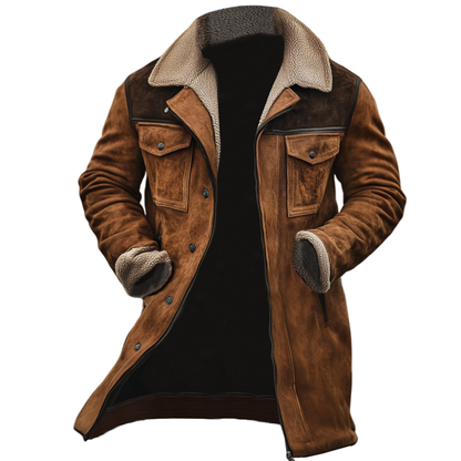 Brown suede-finish coat with sherpa collar and cuffs and a darker shoulder yoke