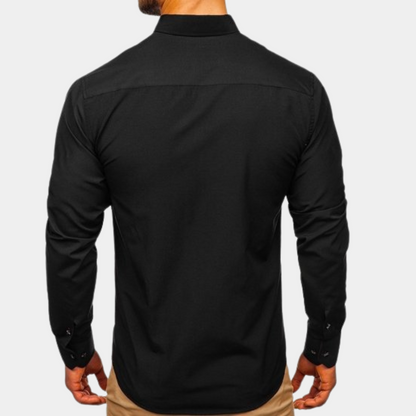 Black contrast-collar button-down shirt seen from the back