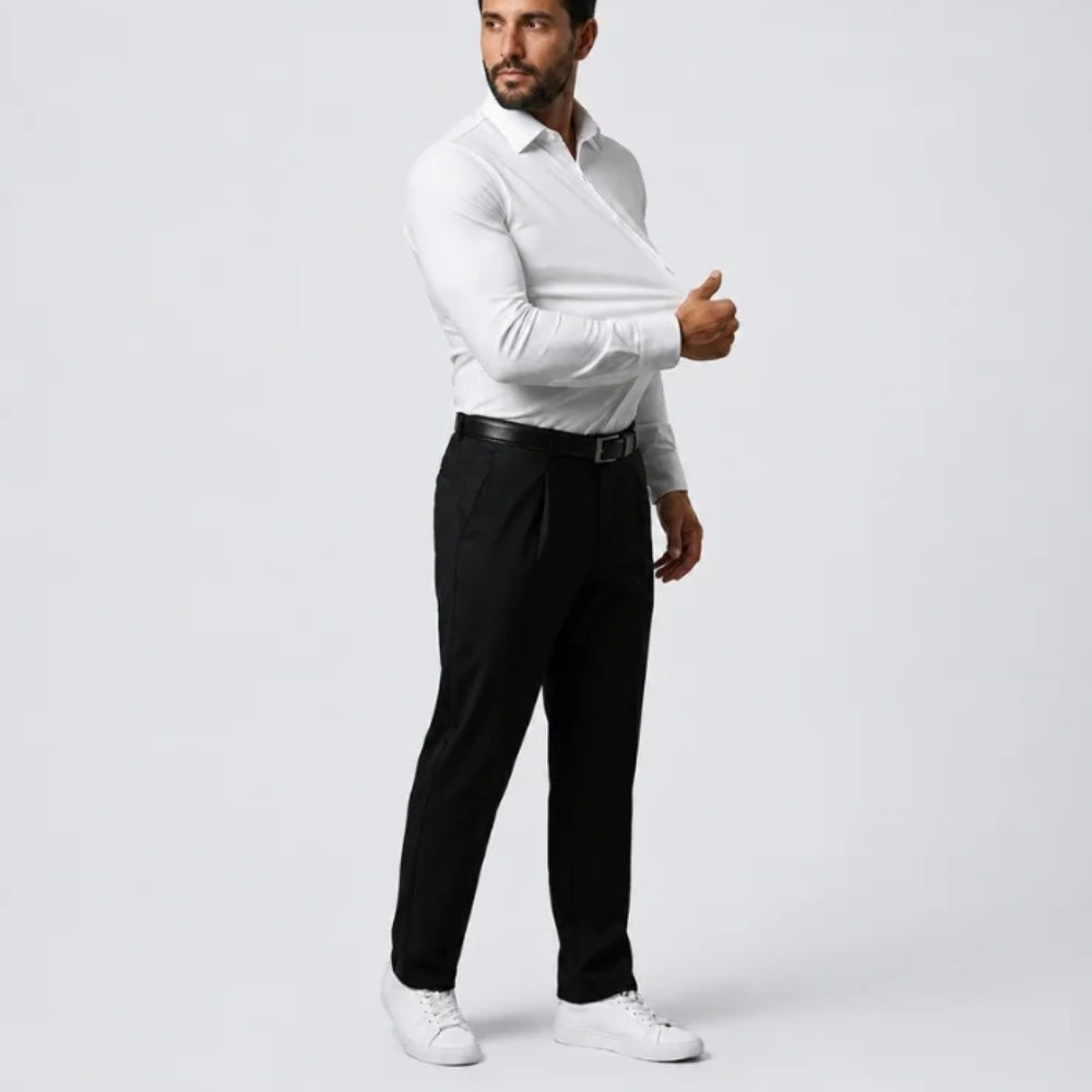 White slim-fit stretch dress shirt worn with black trousers