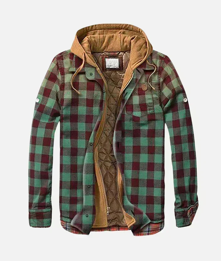 Red and green quilt-lined hooded plaid shirt jacket