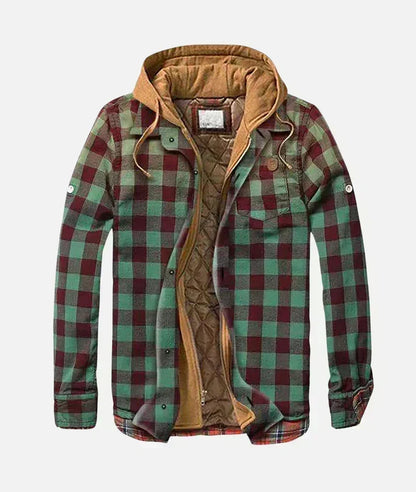 Red and green quilt-lined hooded plaid shirt jacket