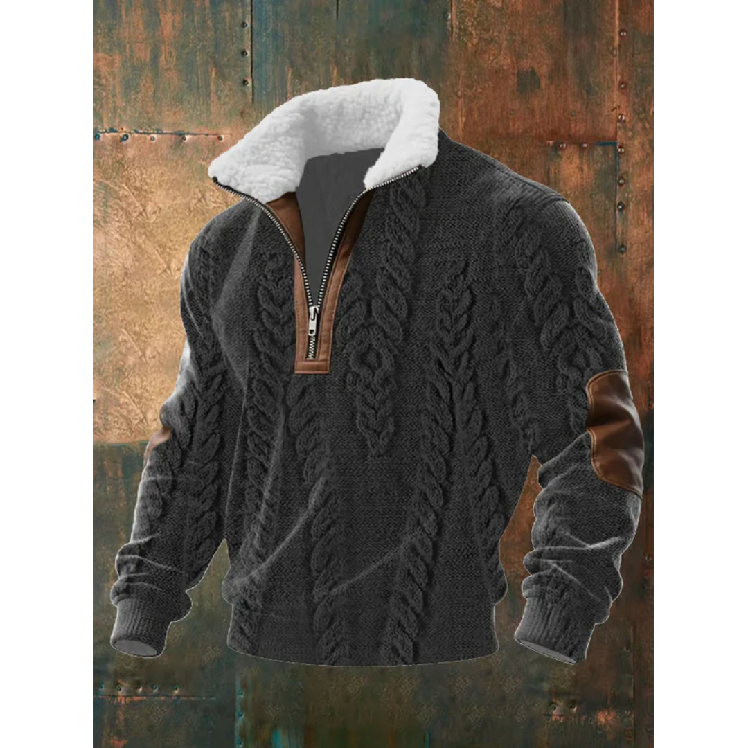 Black sherpa-collar half-zip sweater