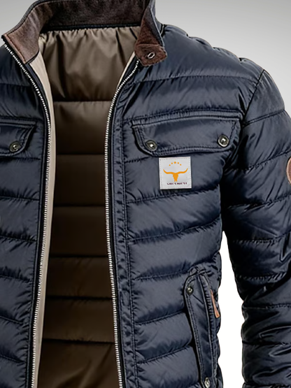 Close-up of the navy stand-collar puffer jacket