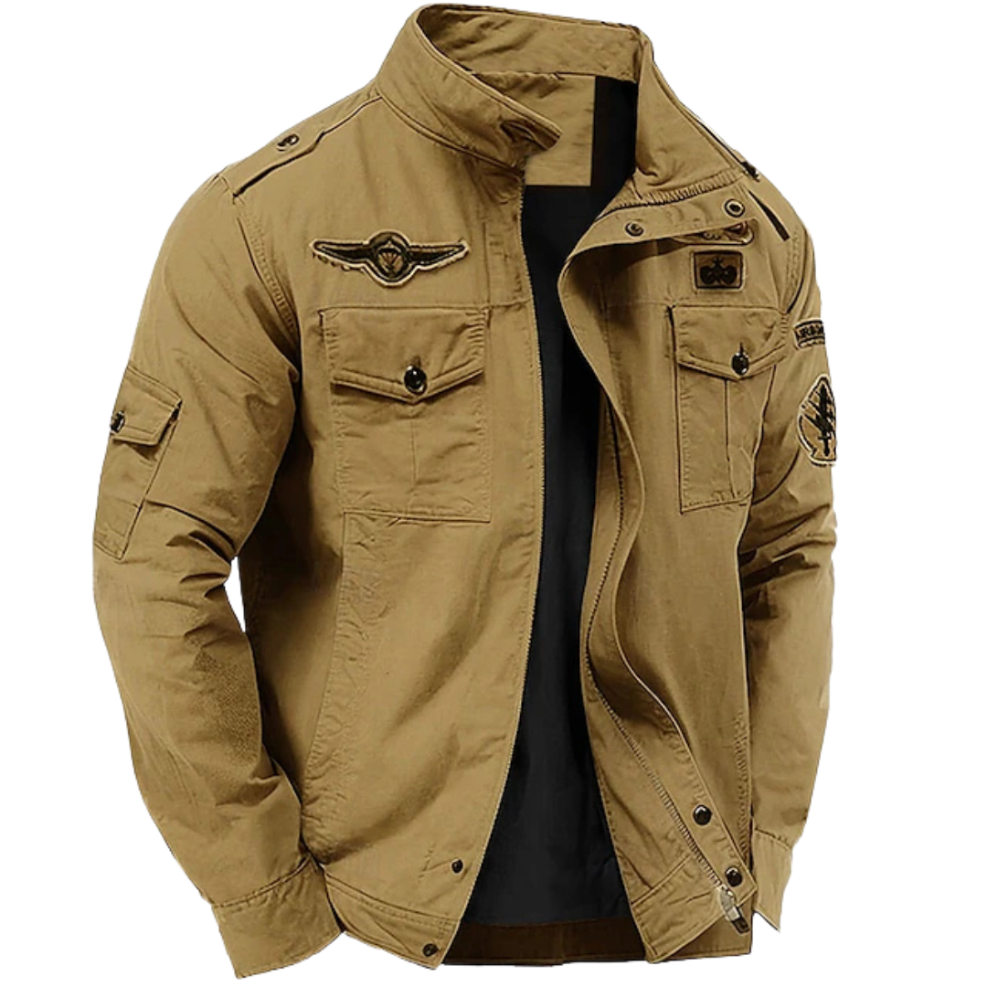 Khaki military jacket with stand collar, flap chest pockets and embroidered patches