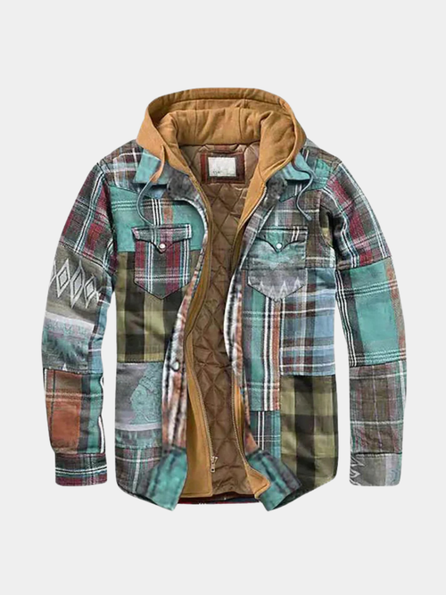 Mint green patchwork quilt-lined hooded plaid shirt jacket on a gray background