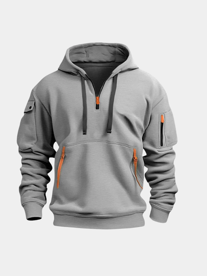 Gray half-zip utility hoodie front