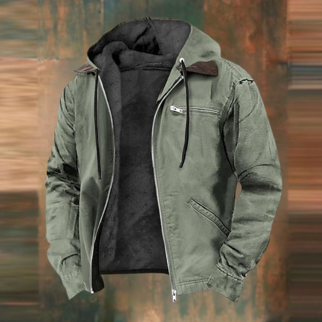 Green fleece-lined hooded work jacket