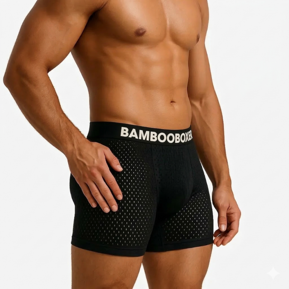 Man wearing black mesh boxer briefs