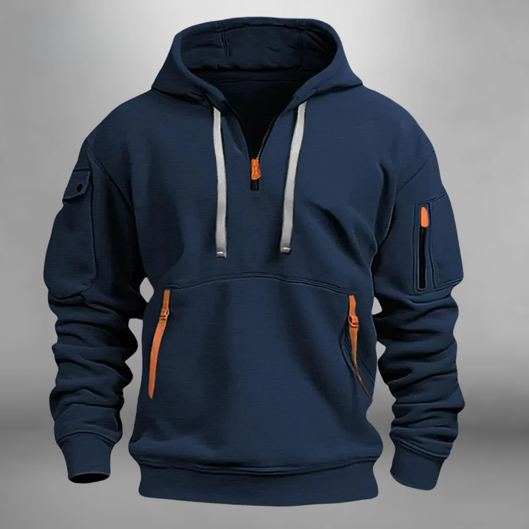 Navy blue half-zip utility hoodie