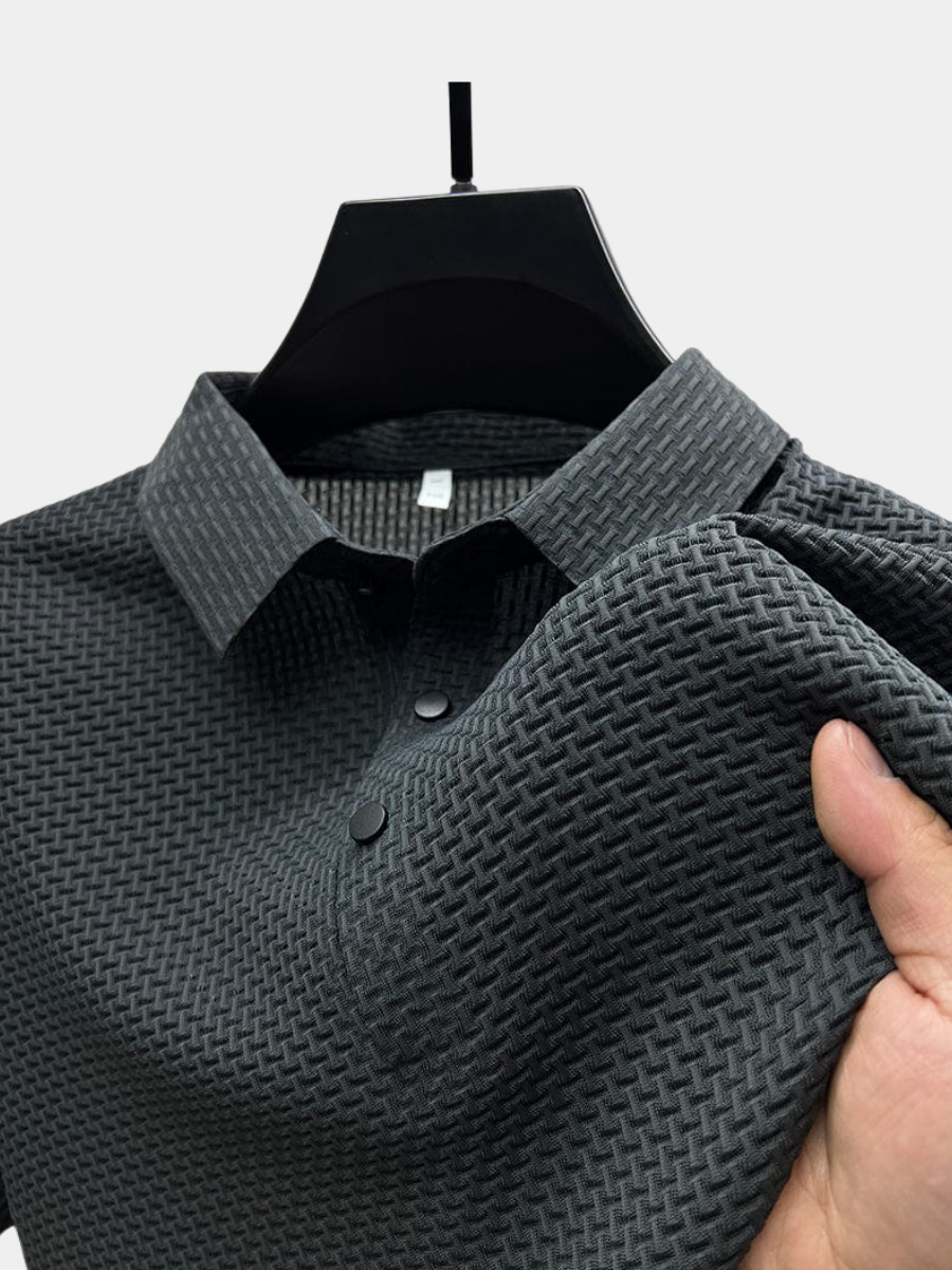Gray long-sleeve waffle knit polo front
