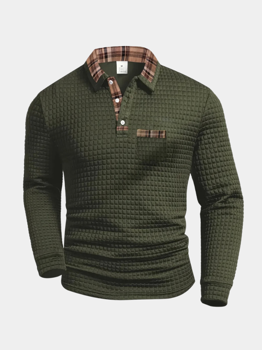 Military green plaid-collar long-sleeve polo front