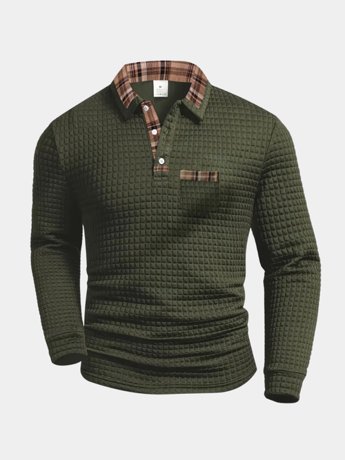 Military green plaid-collar long-sleeve polo front