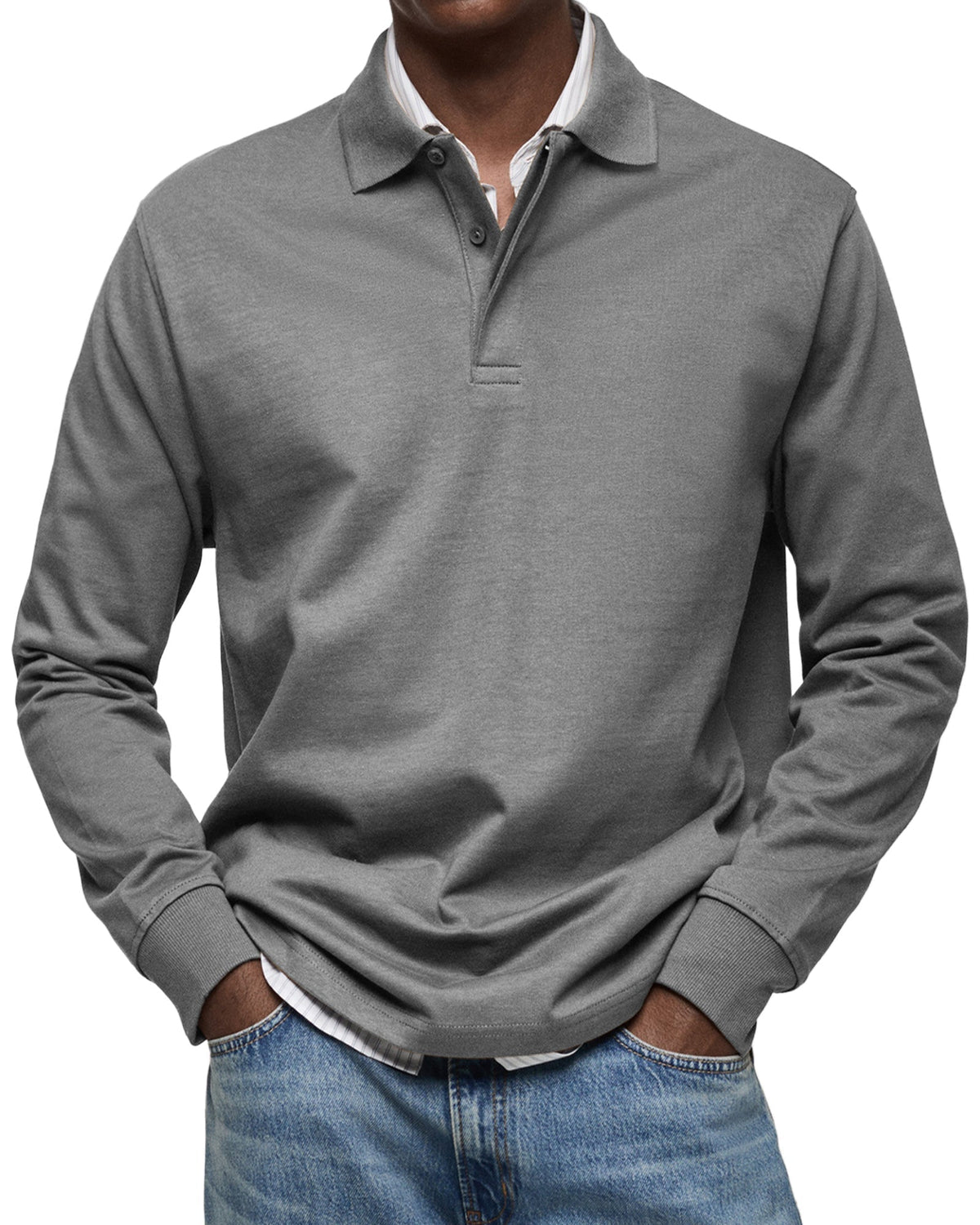 Gray heathered long-sleeve polo shirt worn with jeans