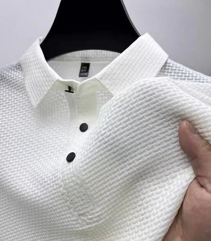 White basketweave knit polo shirt, close-up