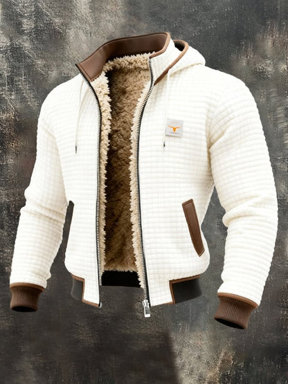 White sherpa-lined waffle knit hooded jacket
