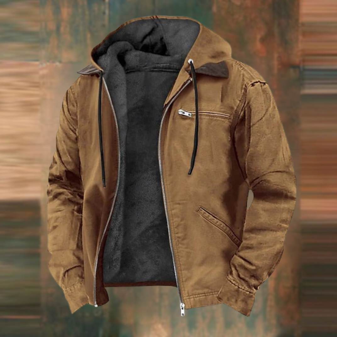 Brown fleece-lined hooded work jacket