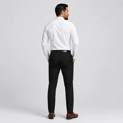 Black slim-fit stretch dress pants, back view with buttoned back pockets