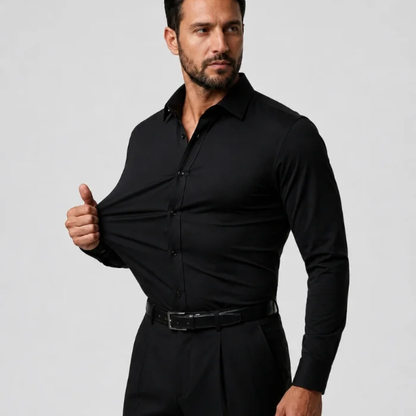 Black slim-fit stretch dress shirt being stretched at the side