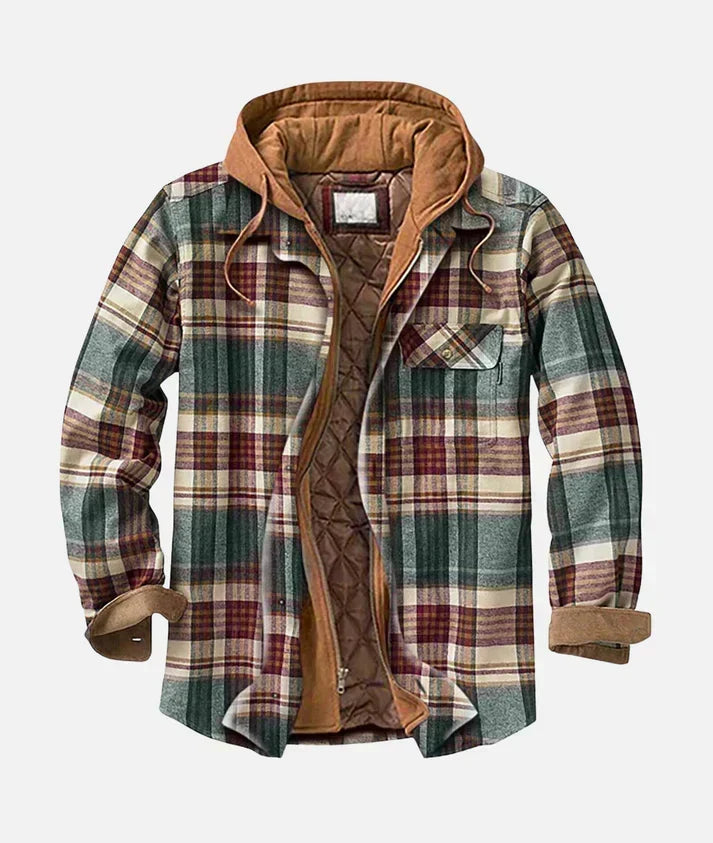 Dark green quilt-lined hooded plaid shirt jacket
