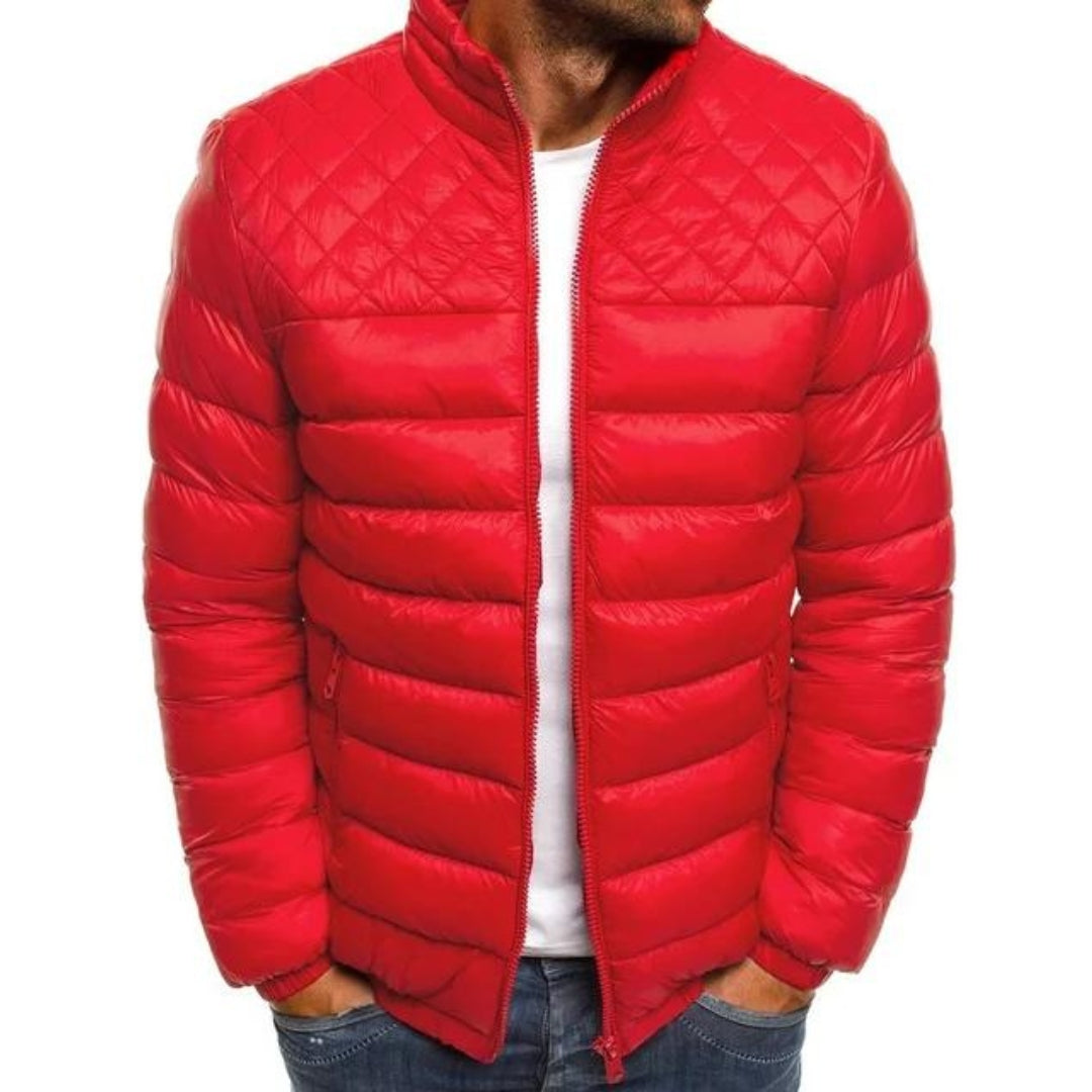 Man wearing a red quilted-yoke puffer jacket
