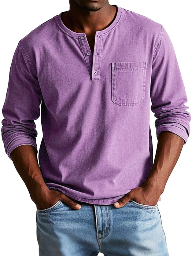 Man wearing a purple chest pocket henley shirt