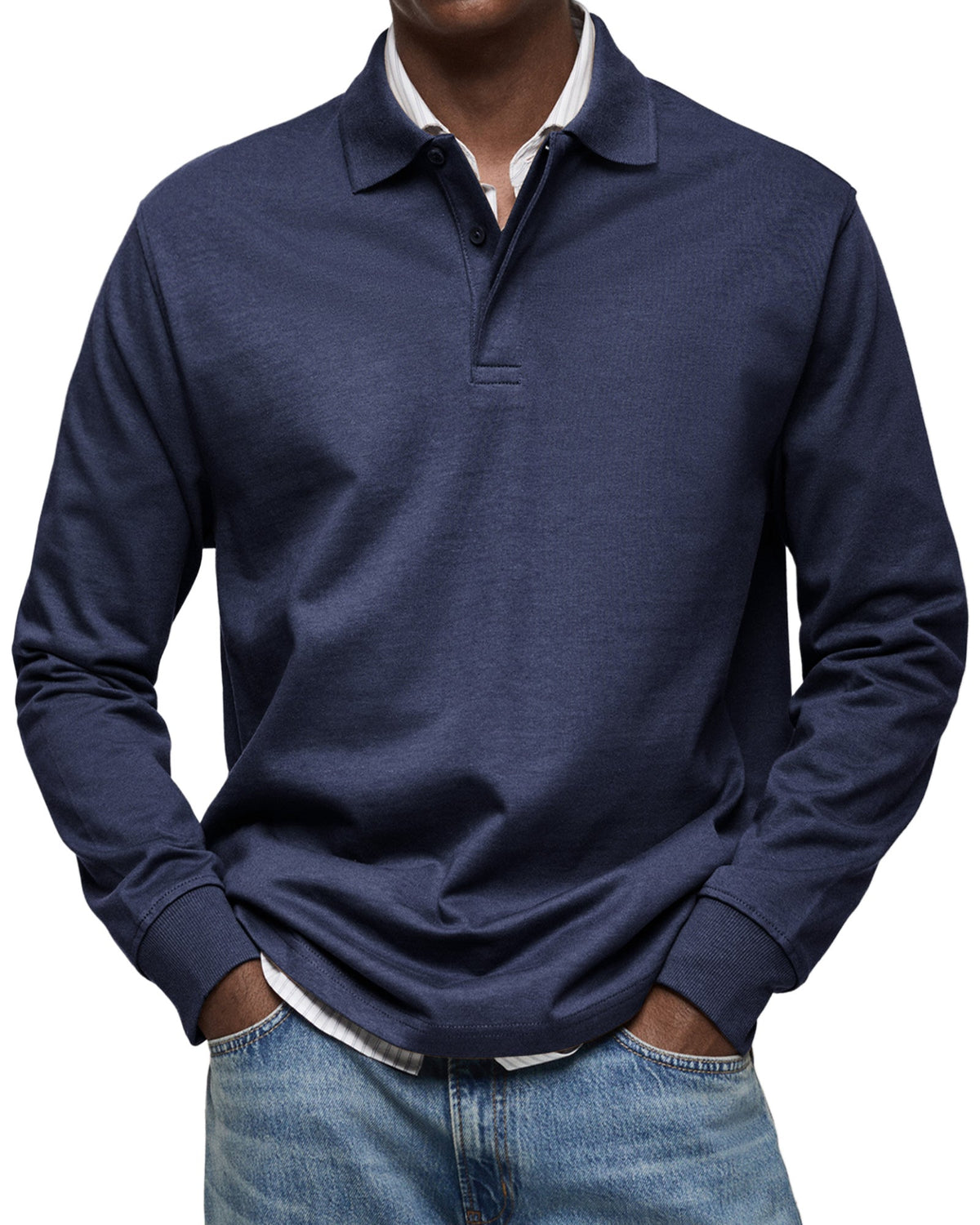 Navy blue heathered long-sleeve polo shirt worn with jeans