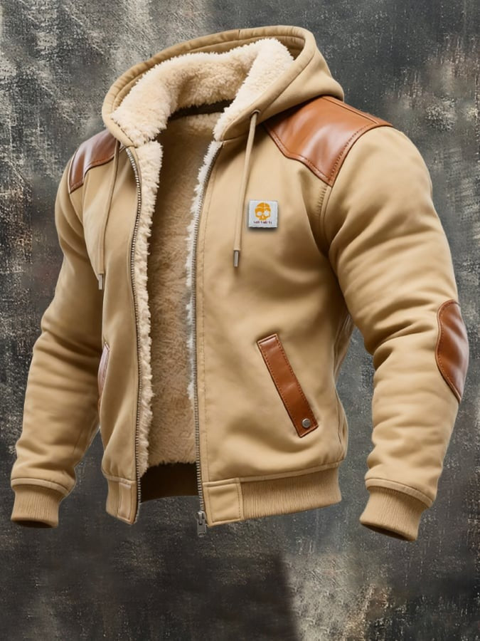 Beige shoulder-patch sherpa hooded jacket