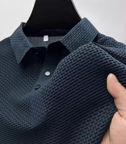 Navy basketweave knit polo shirt, close-up