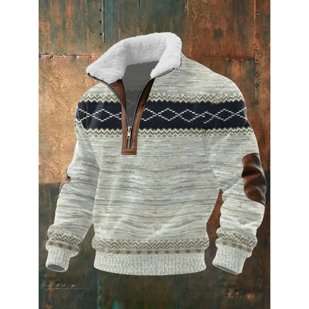 Gray and black Nordic-style sherpa-collar half-zip sweater