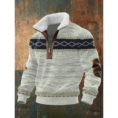 Gray and black Nordic-style sherpa-collar half-zip sweater
