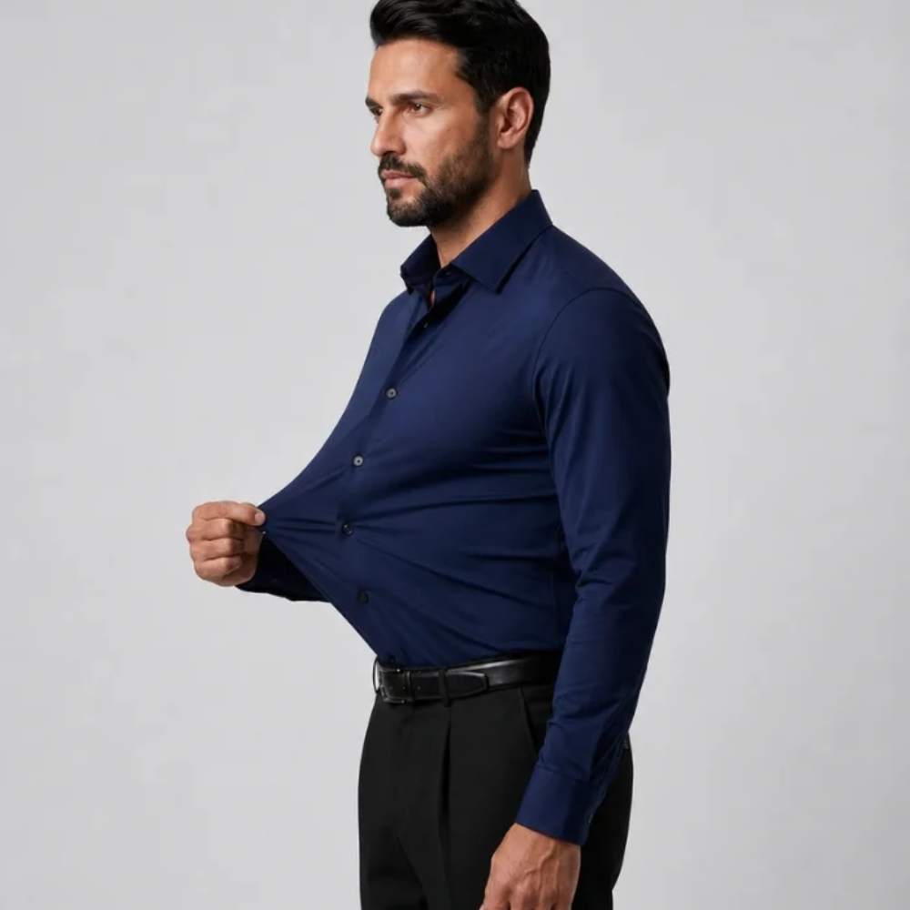 Navy slim-fit stretch dress shirt worn with black trousers
