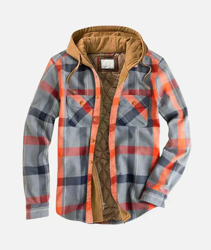 Gray and orange quilt-lined hooded plaid shirt jacket