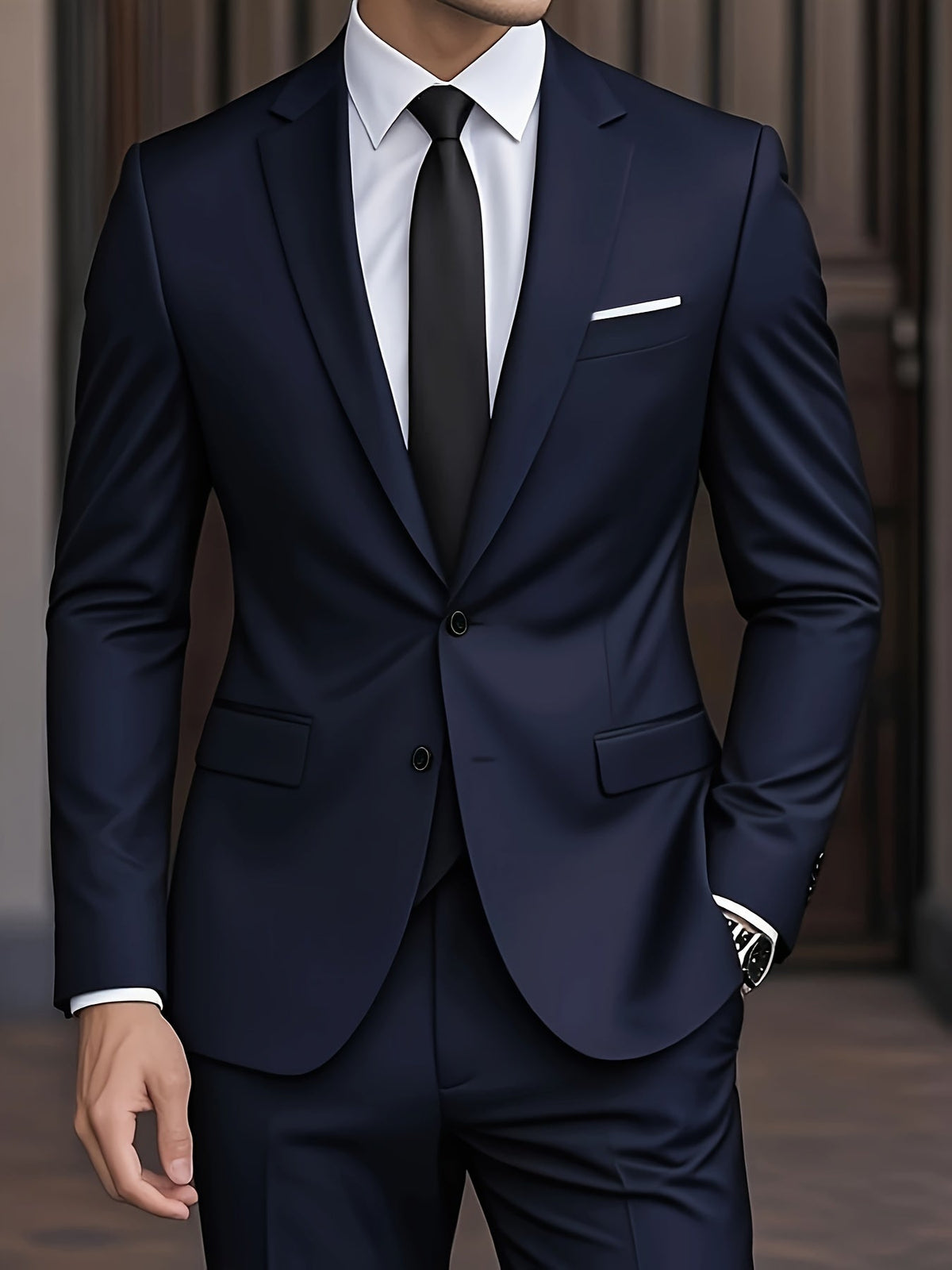 Navy blue two-button suit with notch lapels and flap pockets