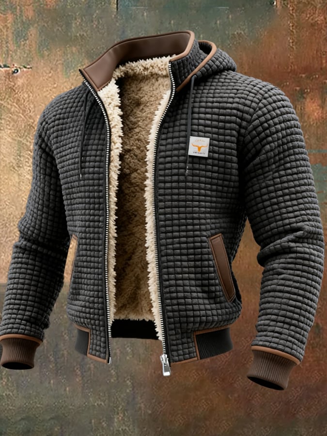 Gray sherpa-lined waffle knit hooded jacket
