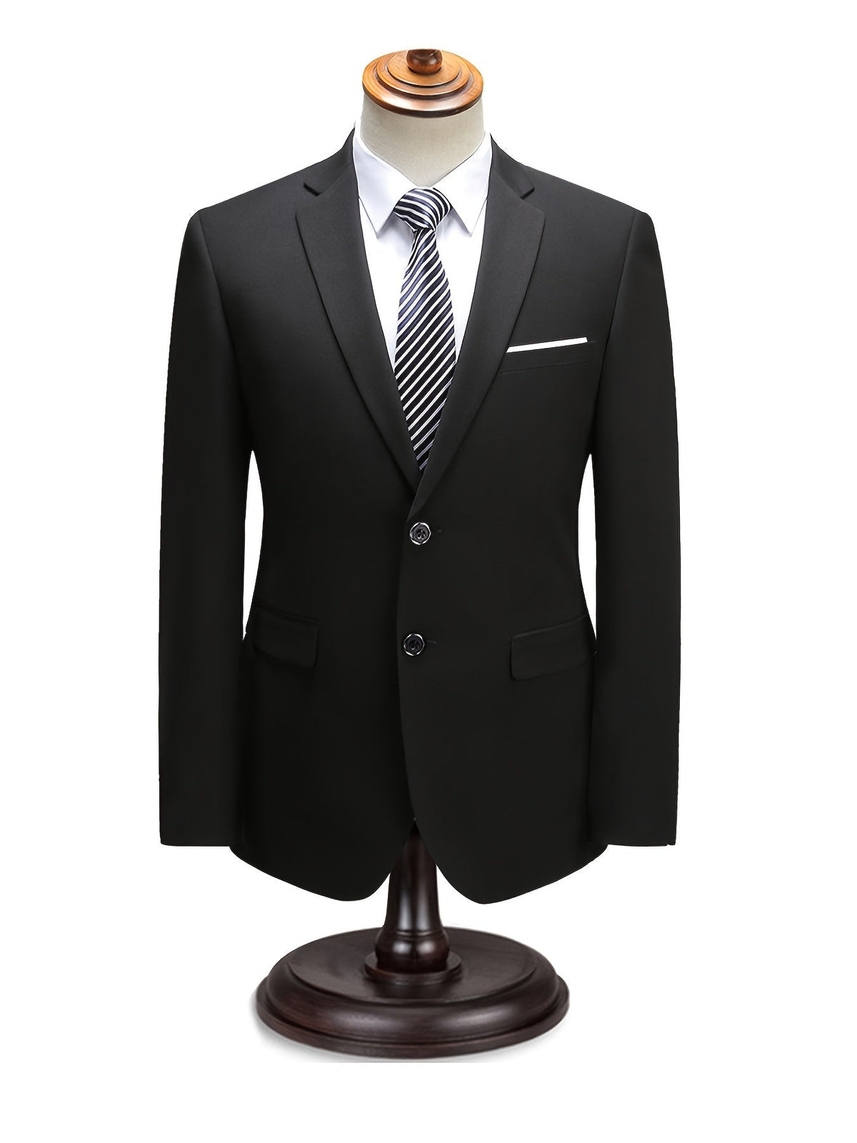 Black two-button suit jacket on a mannequin