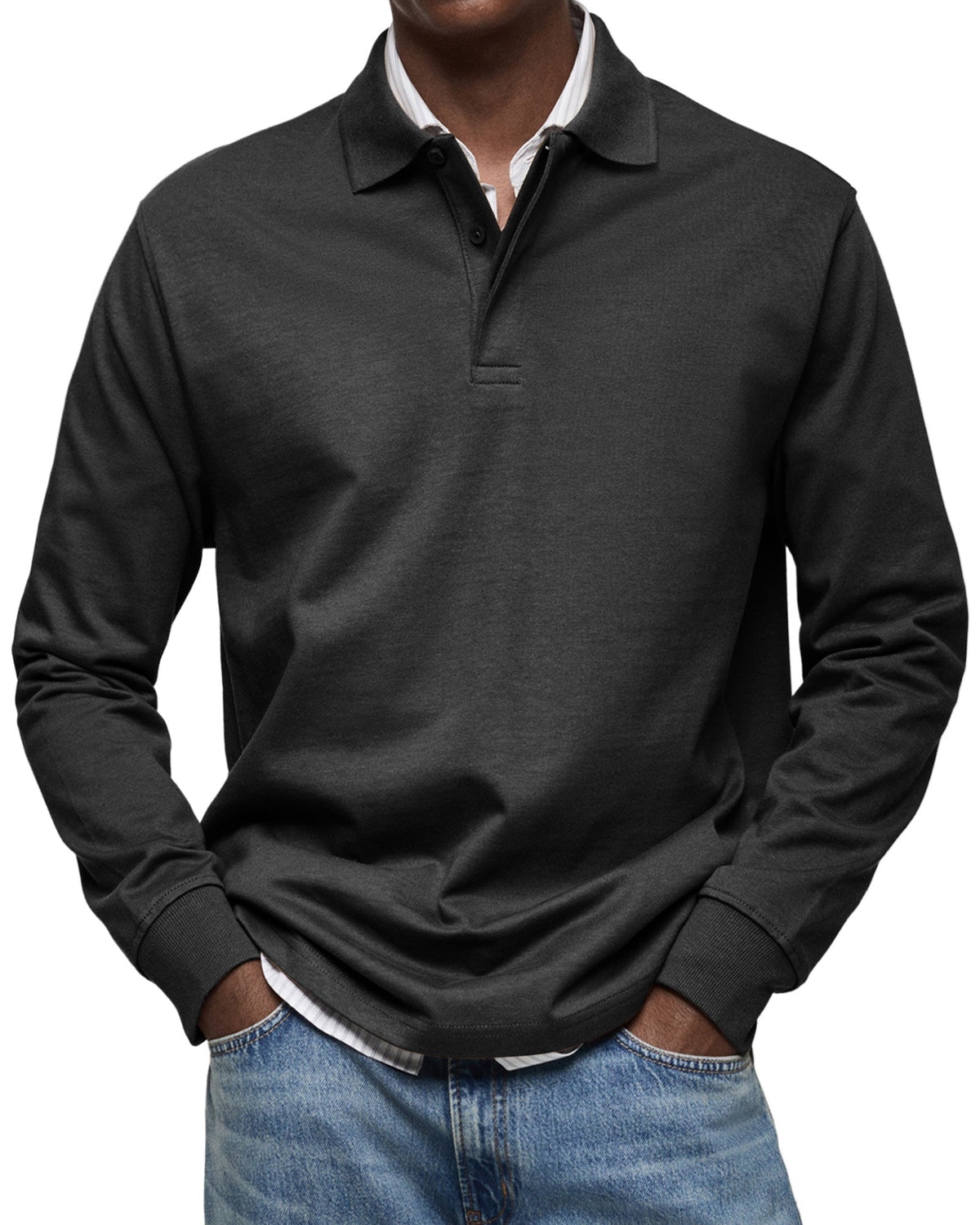 Black heathered long-sleeve polo shirt worn with jeans