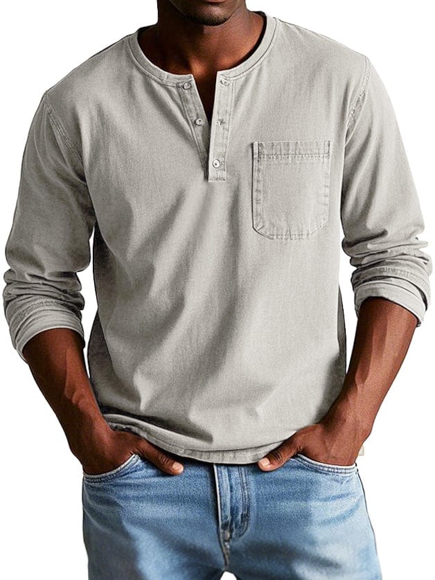 Man wearing a beige chest pocket henley shirt
