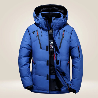 Blue hooded multi-pocket puffer jacket